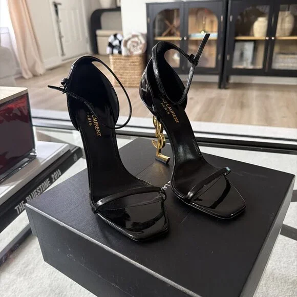 YSL Yves Saint Laurent 630109 Vernice Chiffon Nero Lucido Sandals - Picture 2 of 10